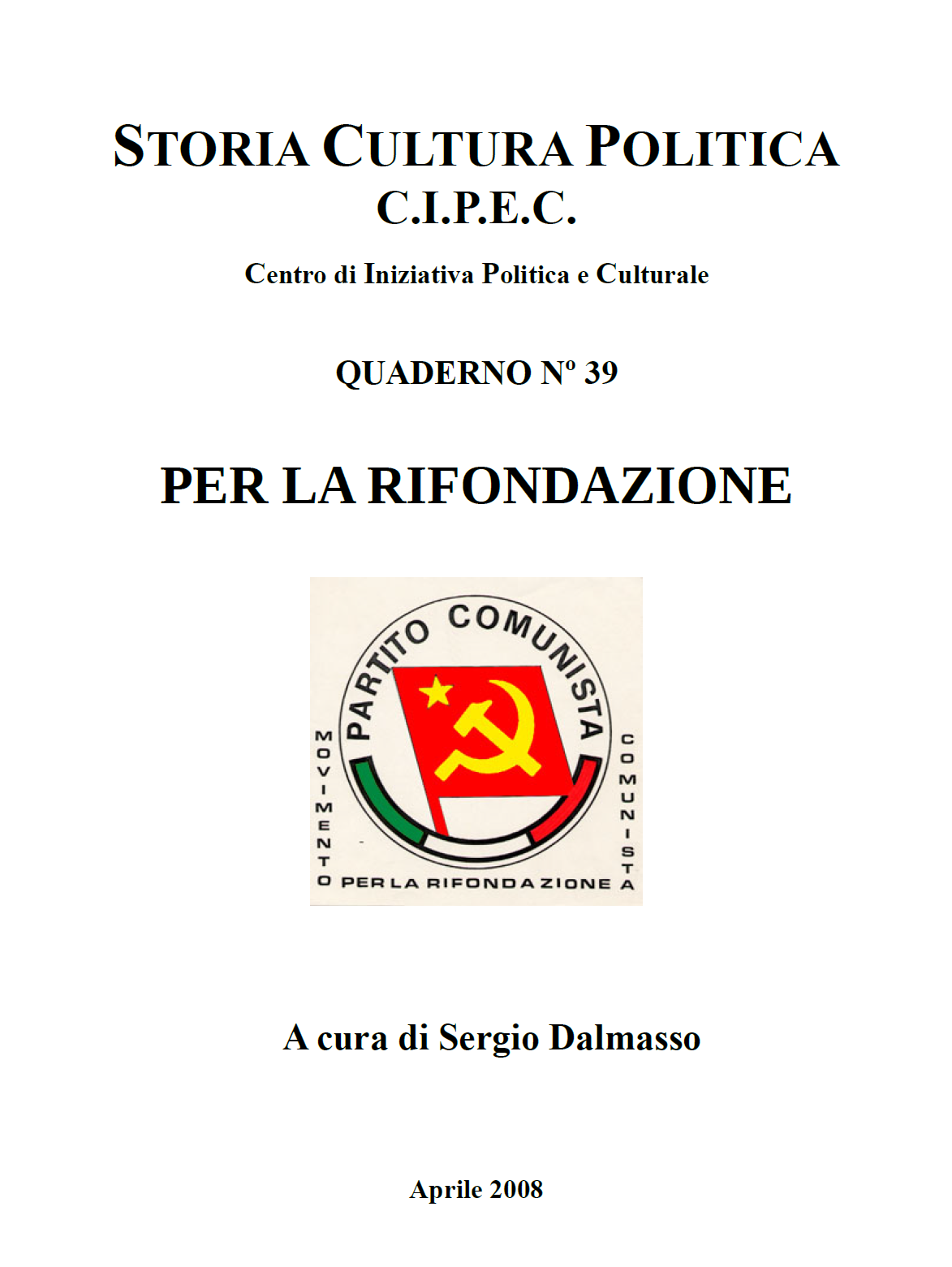 Per la Rifondazione copertina quaderno CIPEC numero 39