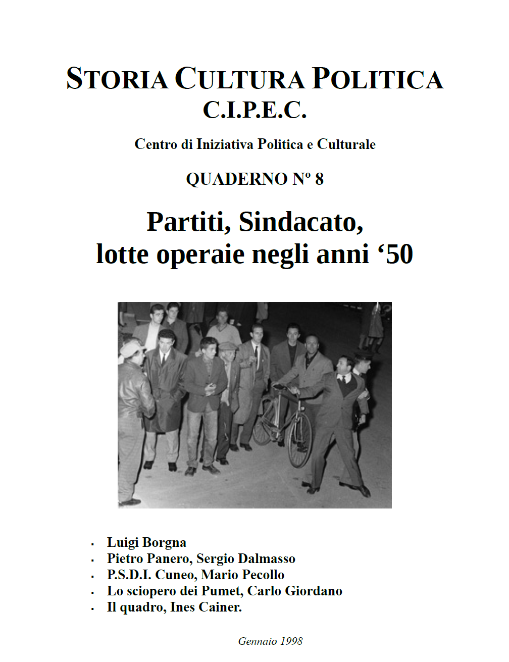 Copertina quaderno CIPEC n. 8, Partiti sindacato lotte operaie anni ’50