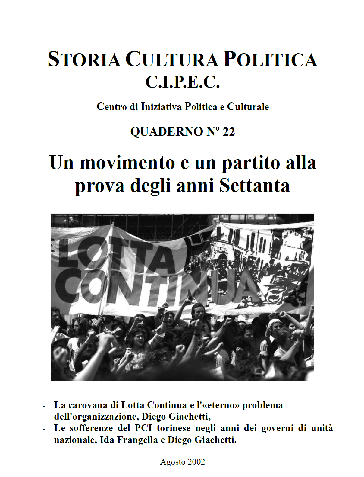 Anni Settanta Diego Giachetti, copertina quaderno CIPEC Numero 22