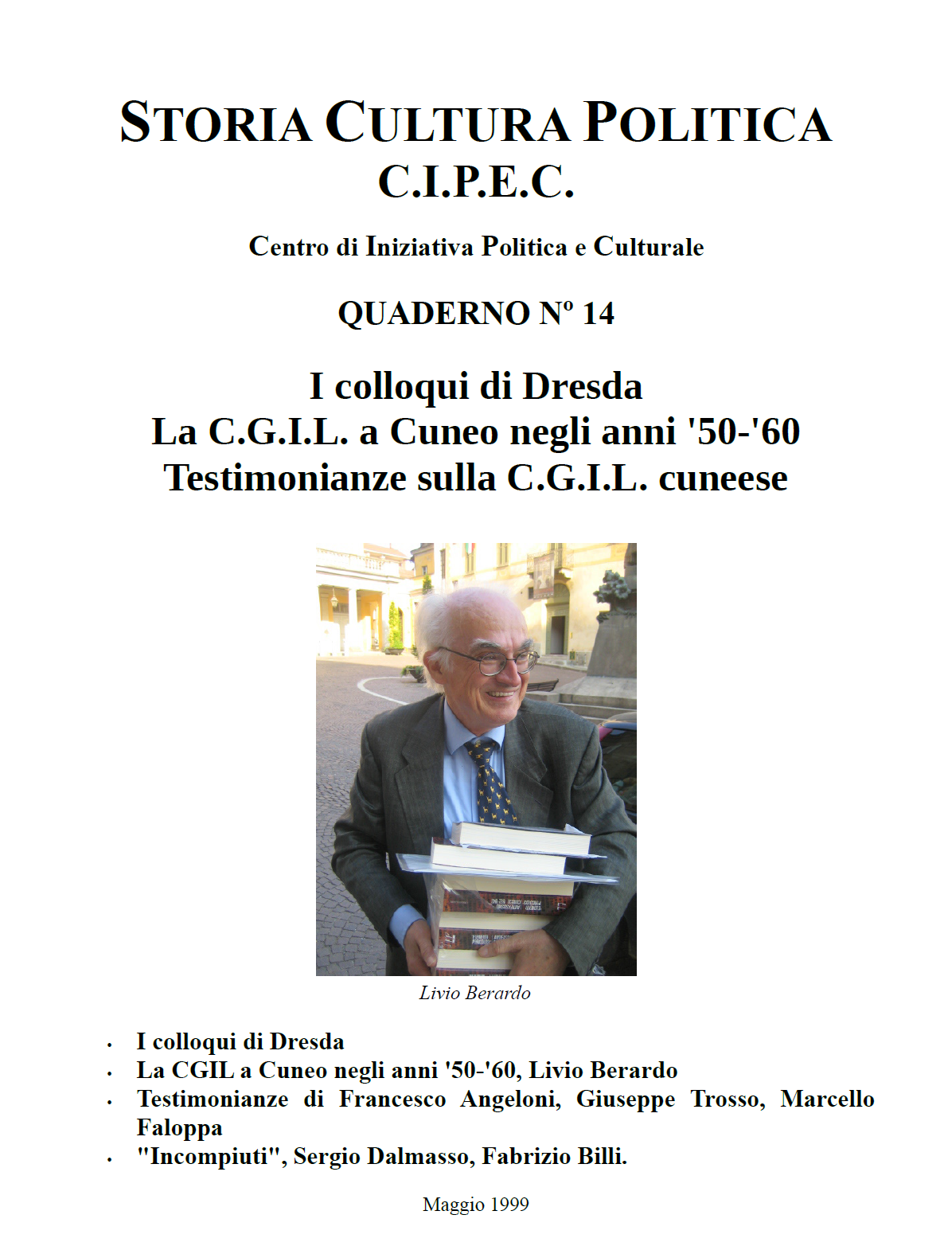 La CGIL a Cuneo, copertina Quaderno CIPEC numero 14