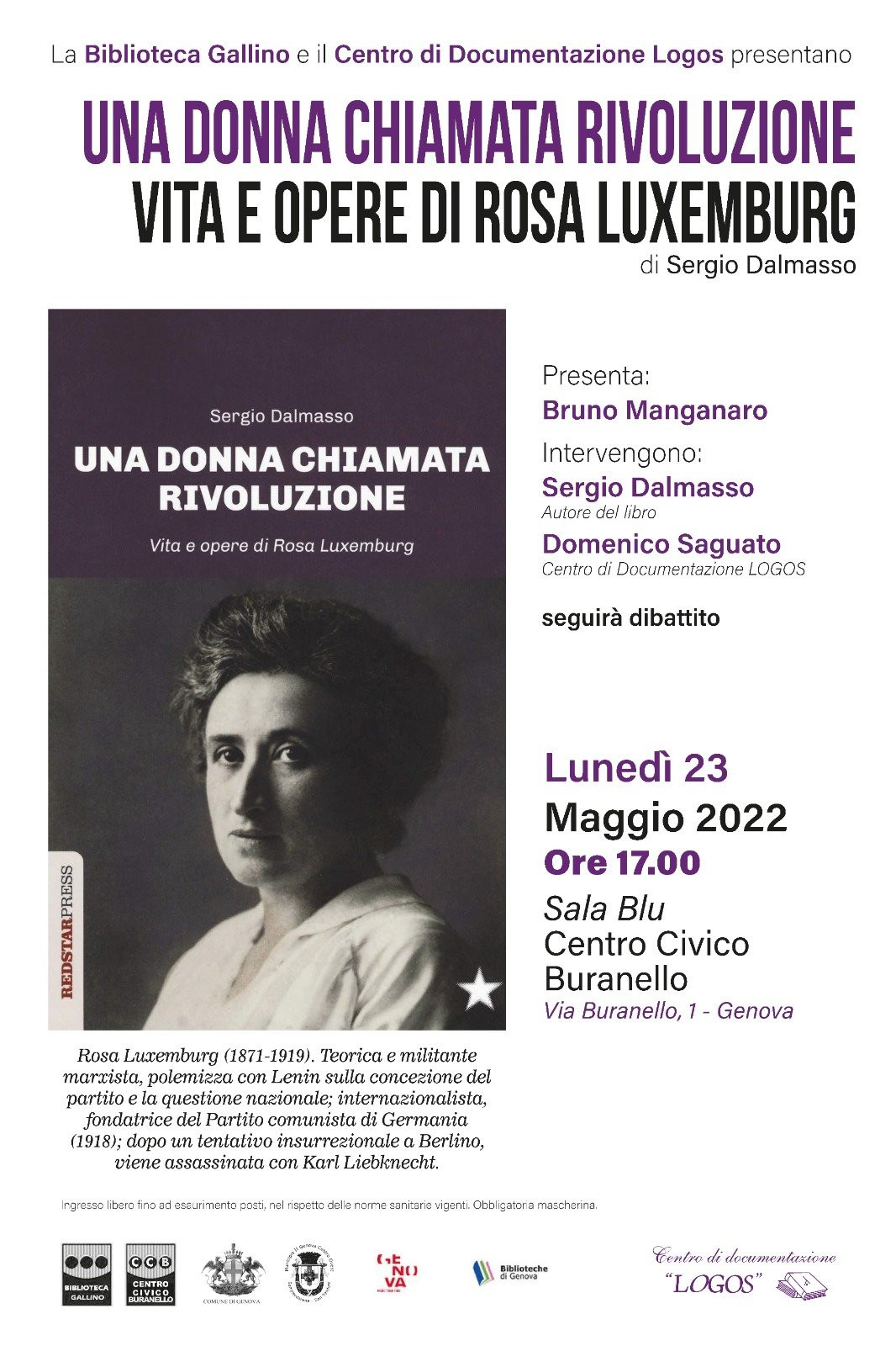 Invito presentazione libro Luxemburg, Biblioteca Gallino e CDL Genova