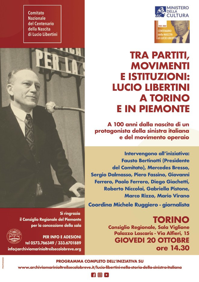 Locandina Convegno Torino sui 100 anni dalla nascita di Lucio Libertini organizzato da Archivio Marini Pistoria
